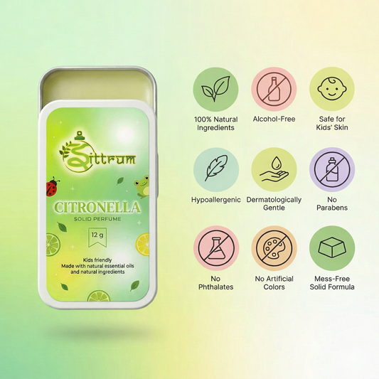 Citronella kids solid perfume by ittrum, showing its features
